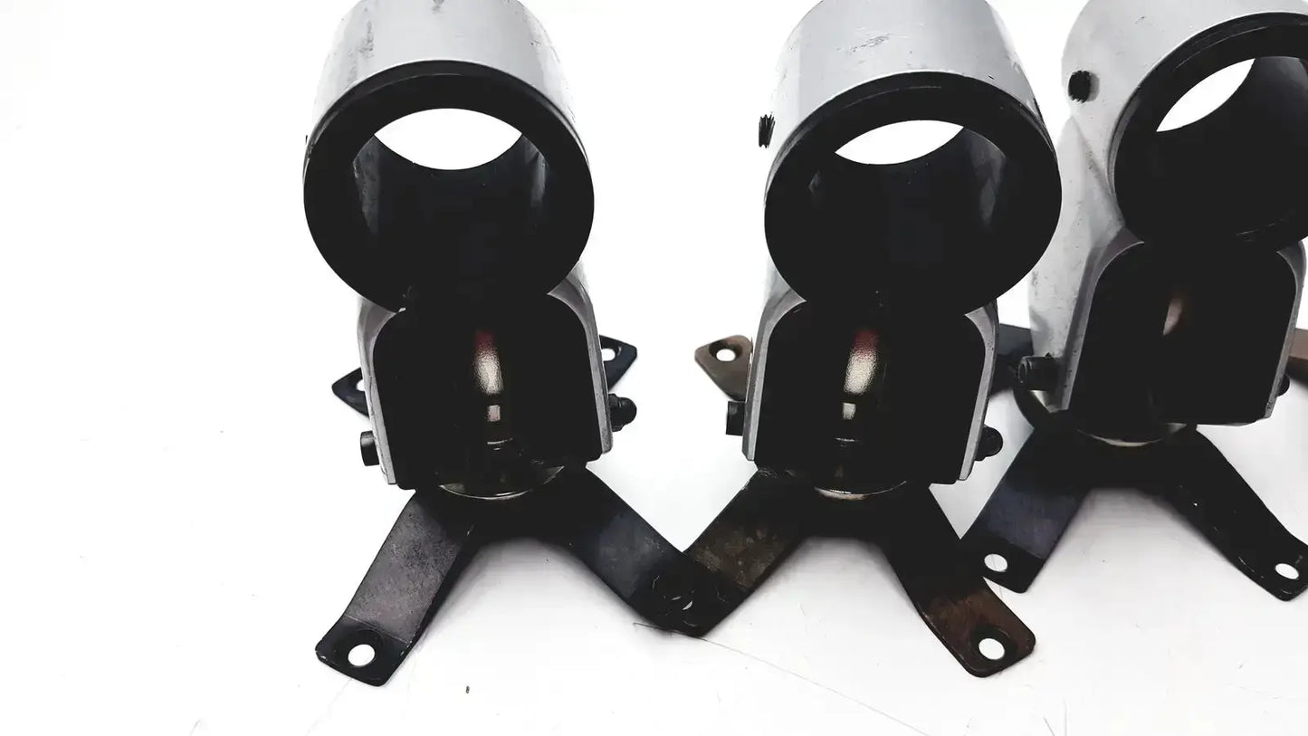 Lot of 5 metal clamps black and silver metal automotive engine mount brackets with cylindrical upper section and l-shaped plates