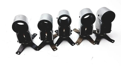 Lot of 5 black and silver metal clamps automotive mounting brackets with cylindrical upper section and three-legged base