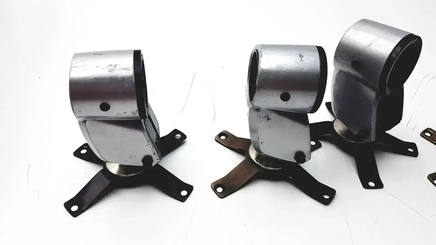 Silver metallic cylindrical metal clamps with black base plates in lot of 5 hospital surplus equipment clamps