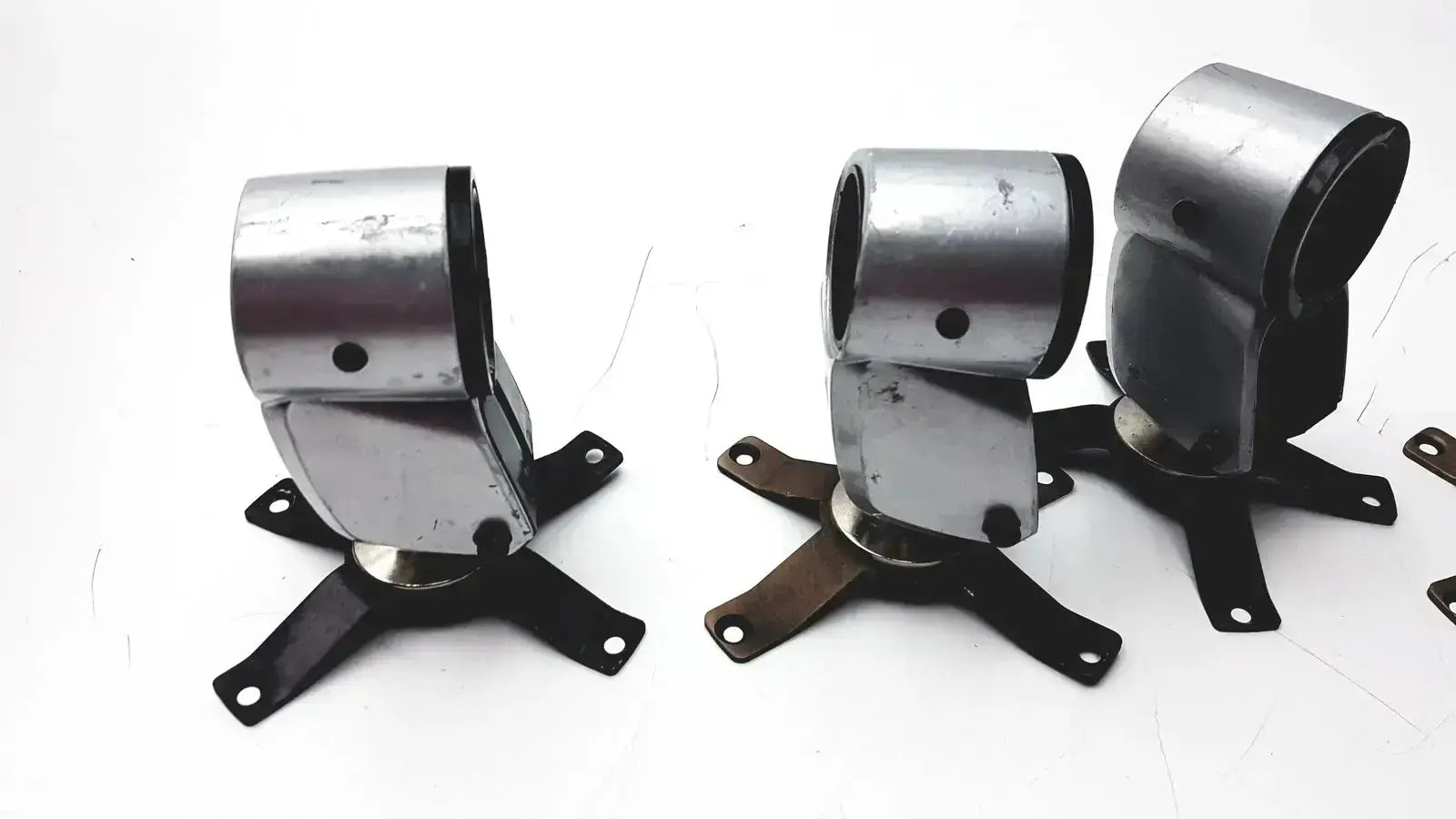 Silver metallic cylindrical metal clamps with black base plates in lot of 5 hospital surplus equipment clamps