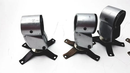 Silver metallic cylindrical metal clamps with black base plates in lot of 5 hospital surplus equipment clamps