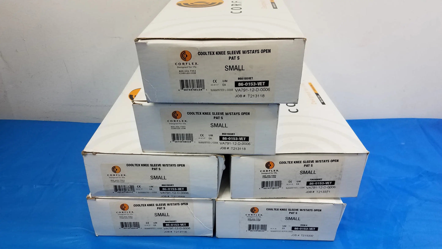 Lot of 6 corflex cooltex knee sleeves with stays open in white cardboard boxes labeled for medical equipment use