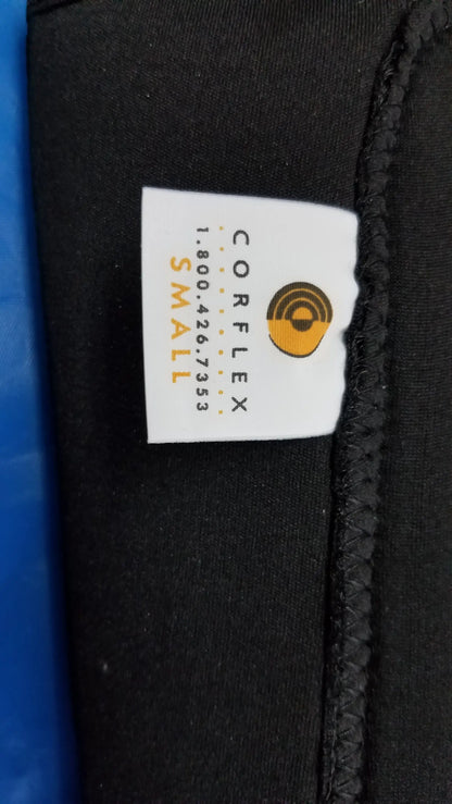 Black corflex brand label with orange and black logo indicating small size on cooltex knee sleeves medical equipment