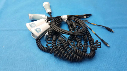Black coiled cable with multiple usb connectors and white attachments for welch allyn handheld barcode scanners lot of 7