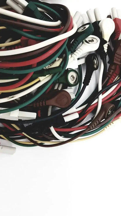 A tangle of mix mindray compatible ecg leadwires in white green red black and brown medical grade wires