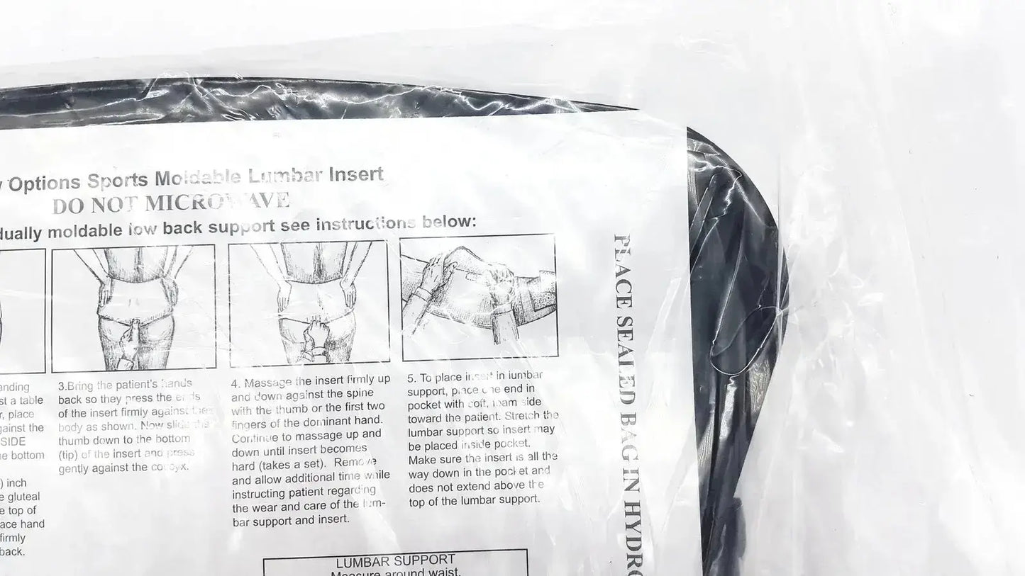 Black plastic-wrapped lumbar sacral orthosis with thermoplastic insert in sealed package for lumbosacral support