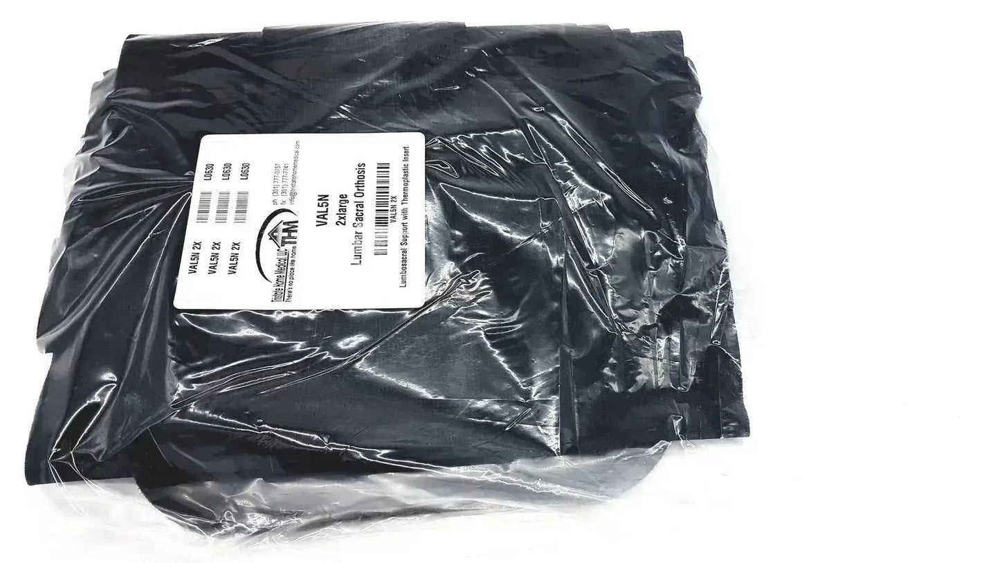 Black plastic-wrapped lumbar sacral orthosis val5n 2kg with white sticker featuring thermoplastic insert for lumbosacral support
