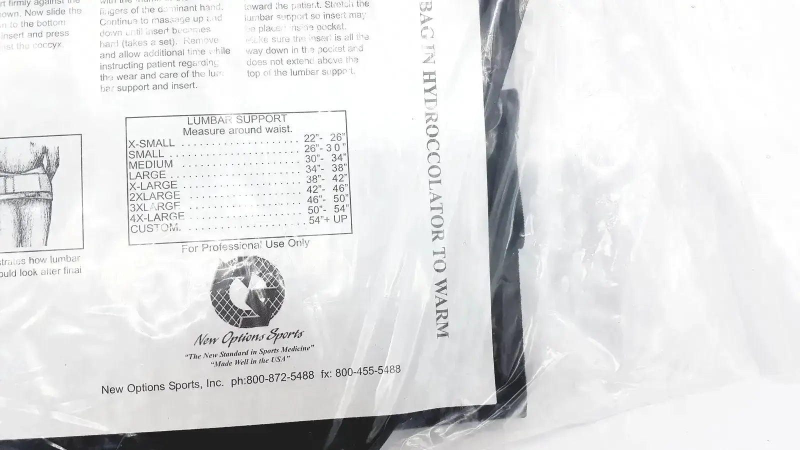 Printed instruction sheet for new options sports lumbar sacral orthosis with thermoplastic insert and sizing chart