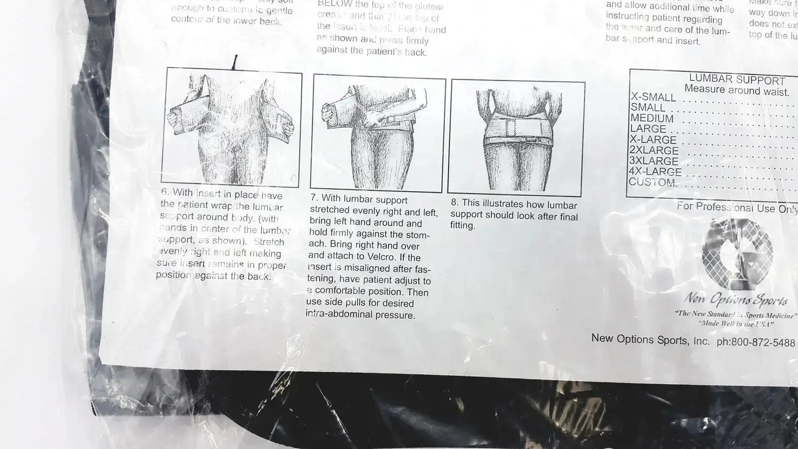Printed instruction sheet for new options sports lumbar sacral orthosis with thermoplastic insert and sizing diagrams