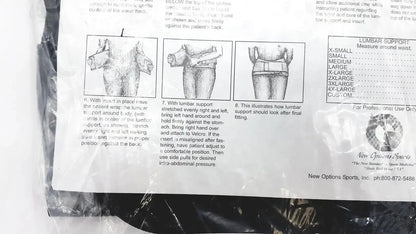 Printed instruction sheet for new options sports lumbar sacral orthosis with thermoplastic insert and sizing diagrams