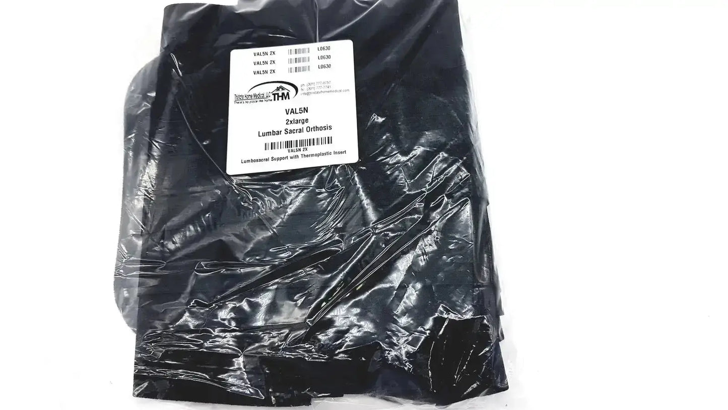 Black plastic-wrapped lumbar sacral orthosis valu5n 2x-large with thermoplastic insert for lumbosacral support