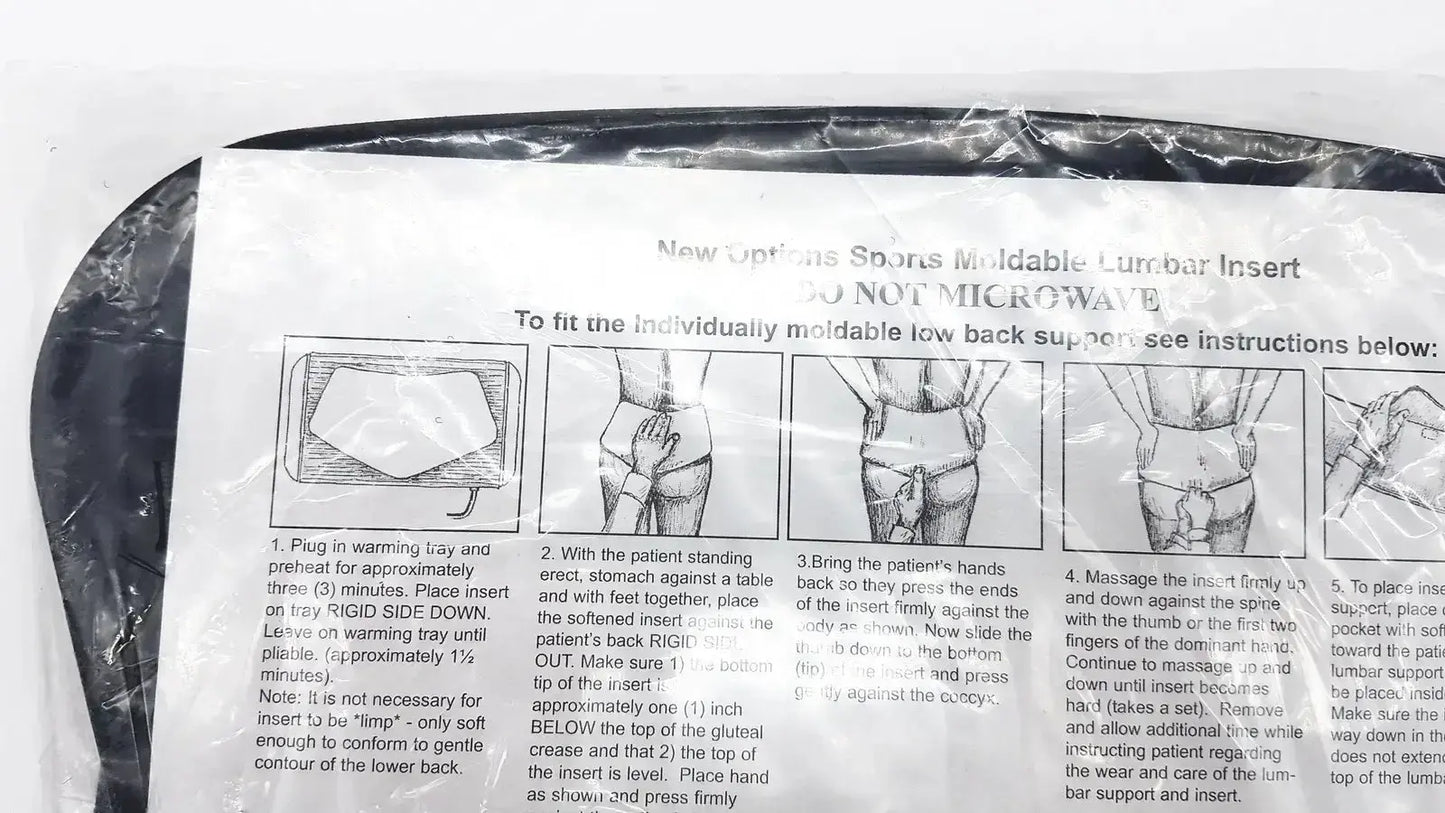 Black plastic-wrapped lumbar sacral orthosis with thermoplastic insert and printed instructions for lumbosacral support