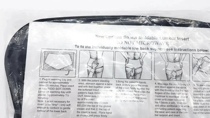 Black plastic-wrapped lumbar sacral orthosis with thermoplastic insert and printed instructions for lumbosacral support
