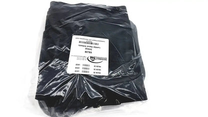 Black nylon lumbar sacral orthosis with thermoplastic insert sealed in clear packaging with white label for lumbosacral support