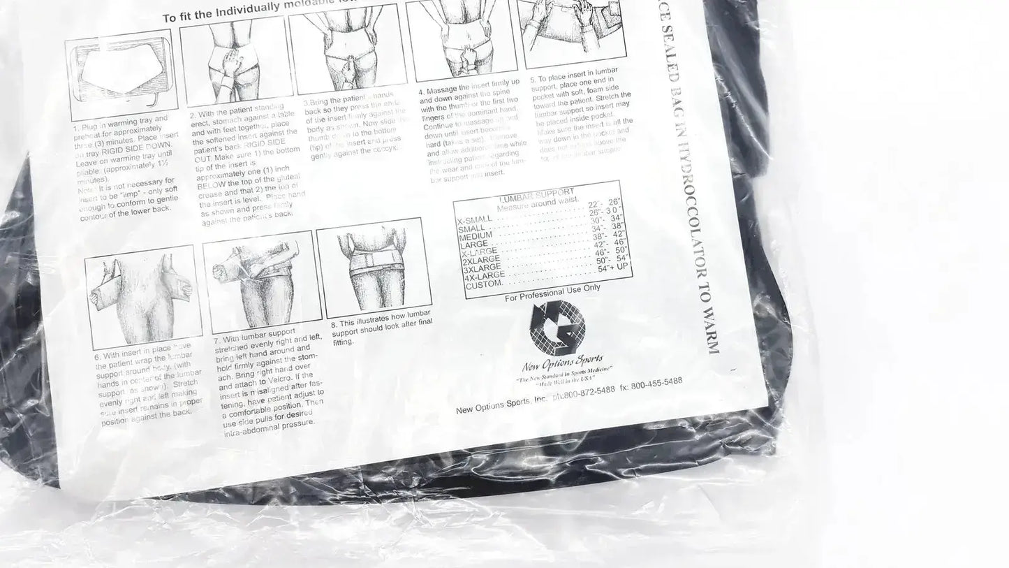 White paper instruction sheet for sacral orthosis val5n large lumbosacral support with thermoplastic insert diagrams