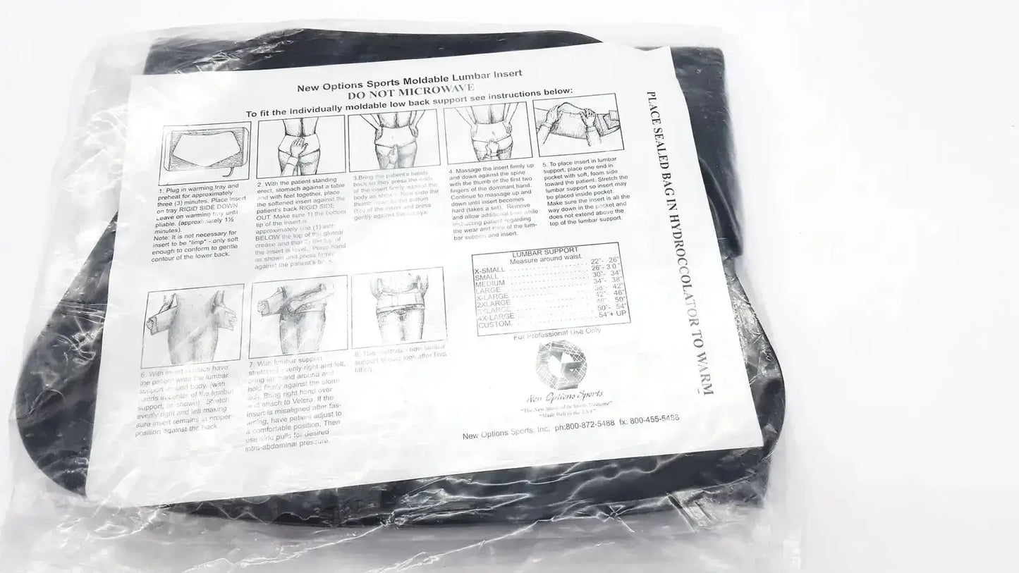 Black molded thermoplastic lumbar insert in clear packaging with instructions for orthosis val5n large lumbosacral support