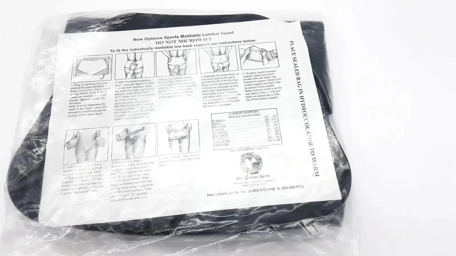 Black molded thermoplastic lumbar insert in clear packaging with instructions for orthosis val5n large lumbosacral support