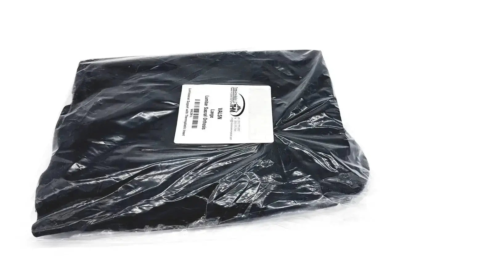 Black plastic-wrapped lumbar sacral orthosis val5n large with thermoplastic insert sealed in clear packaging with white label