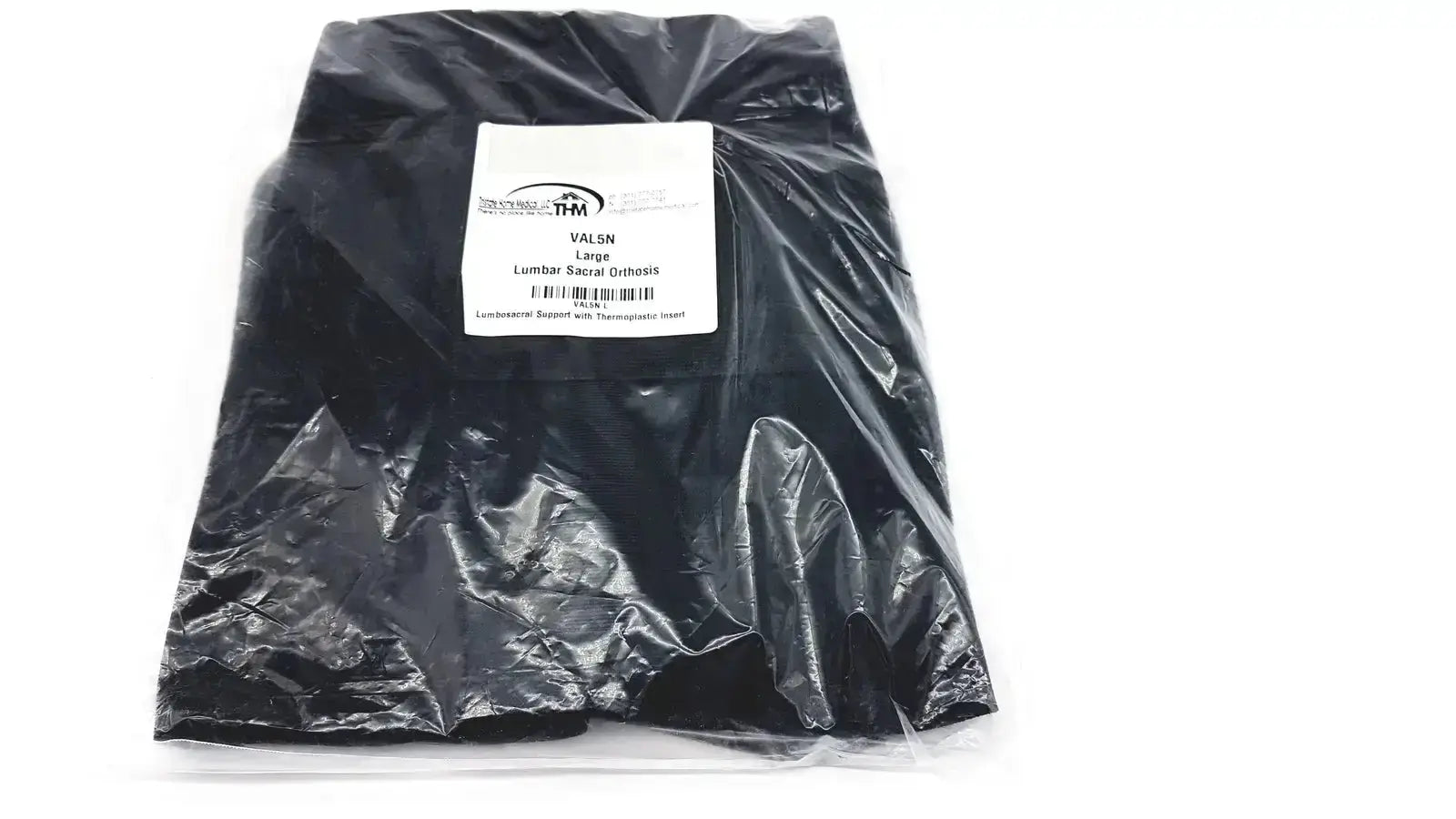 Black plastic-wrapped lumbar sacral orthosis val5n large lumbosacral support with thermoplastic insert shown from back side