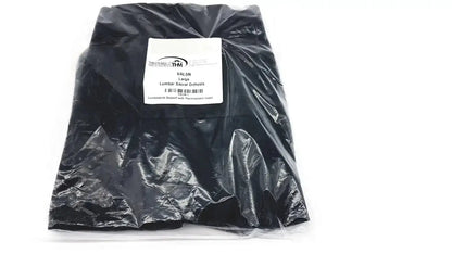 Black plastic-wrapped lumbar sacral orthosis val5n large lumbosacral support with thermoplastic insert shown from back side