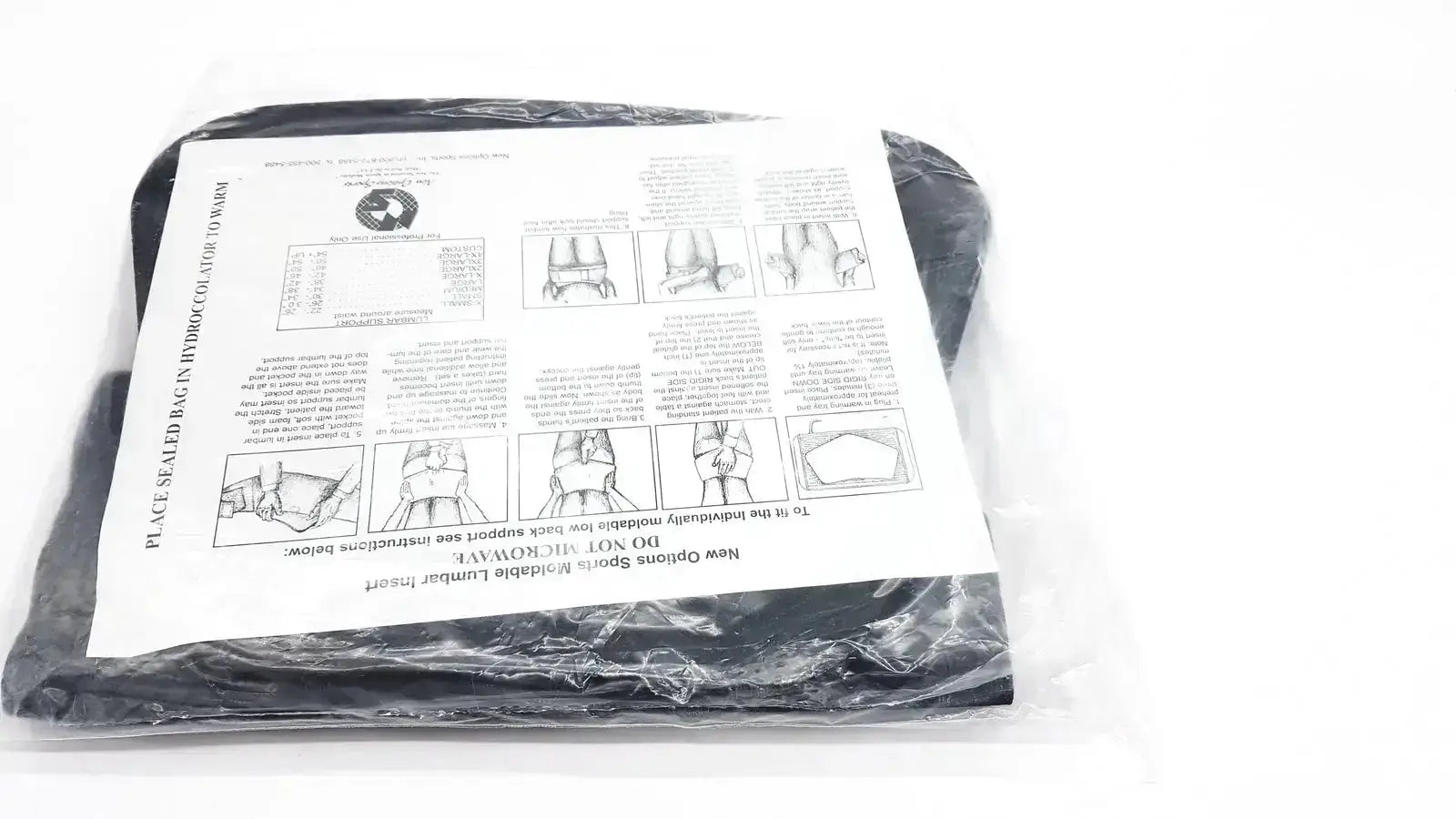 Black plastic-wrapped sacral orthosis val5n large lumbosacral support with thermoplastic insert and printed instructions
