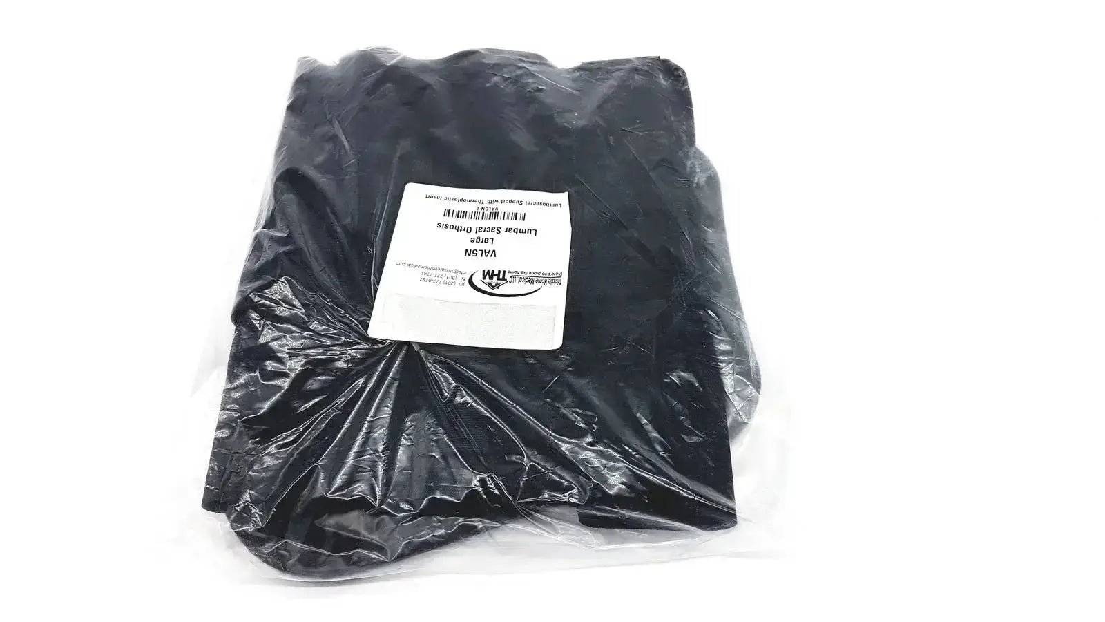 Black leather drawstring backpack packaged with white label for orthosis val5n large lumbosacral support sacral orthosis val5n