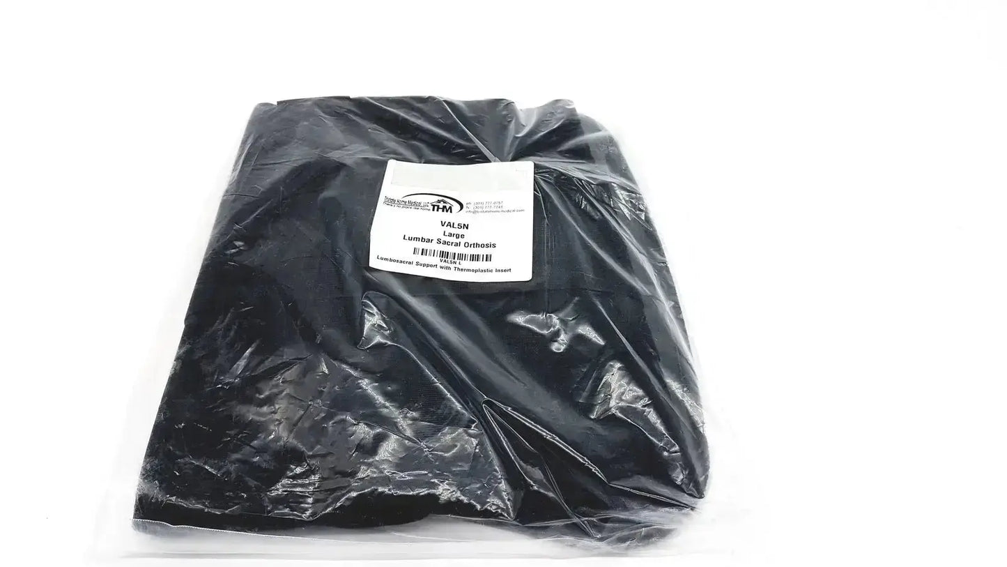 Black leather sacral orthosis val5n shoulder bag with thermoplastic inner lining packaged in clear plastic