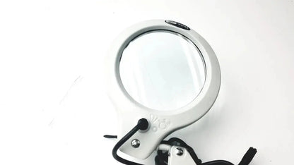 White circular magnifying glass with luxo lfg028214 lfm led light adjustable arm and 3 diopter lens clamp untested