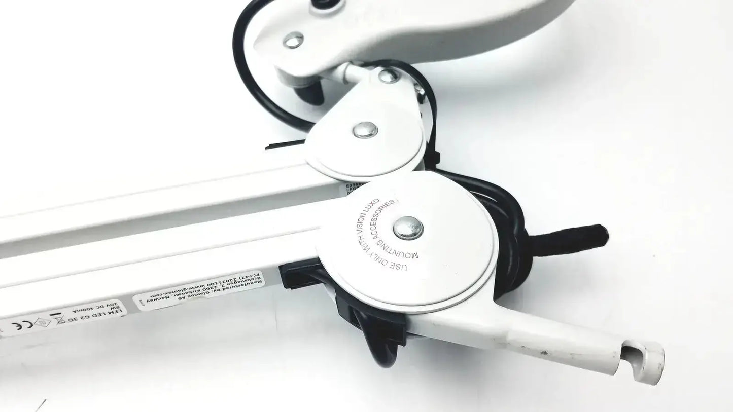 White metal adjustable arm with clamp and black cables for luxo lfg028214 lfm led with 3 diopter lens, untested