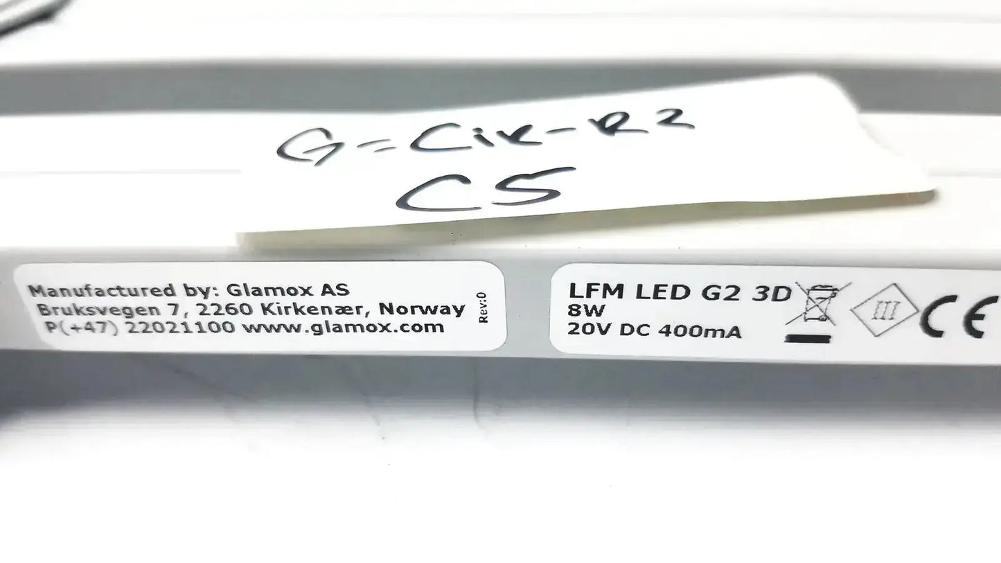 Image of luxo lfg028214 lfm led g2 light fixture with 45 inch arm white label showing diopter lens details and specifications