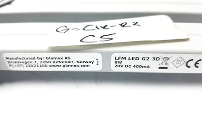 Image of luxo lfg028214 lfm led g2 light fixture with 45 inch arm white label showing diopter lens details and specifications
