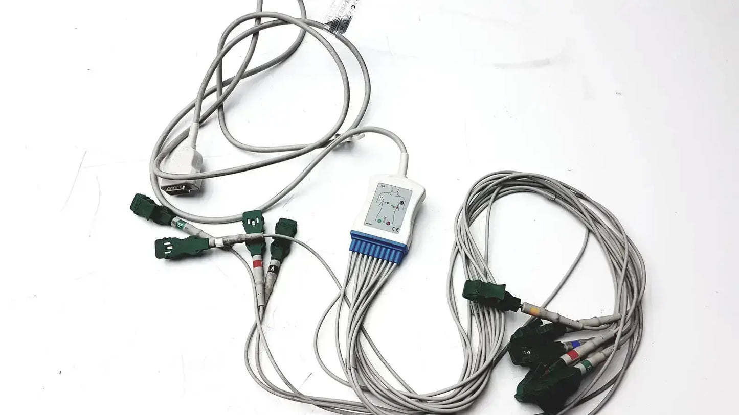 Gray marquette compatible ekg trunk cable with green connectors and white control unit with blue accents model a02-10b