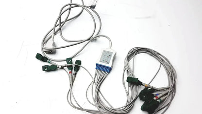 Gray marquette compatible ekg trunk cable with green connectors and white control unit with blue accents model a02-10b