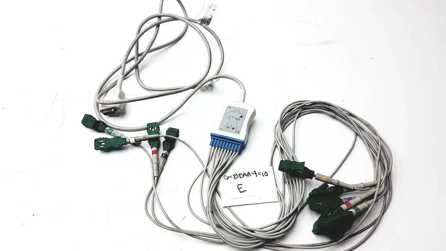 Marquette compatible ekg trunk cable set with 10 gray wires green connectors and white central unit with blue accents