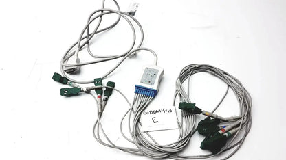 Marquette compatible ekg trunk cable set with 10 gray wires green connectors and white central unit with blue accents