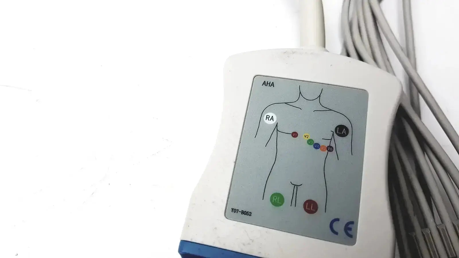Marquette compatible white and blue ekg trunk cable with 10 wires and chest electrode placement diagram