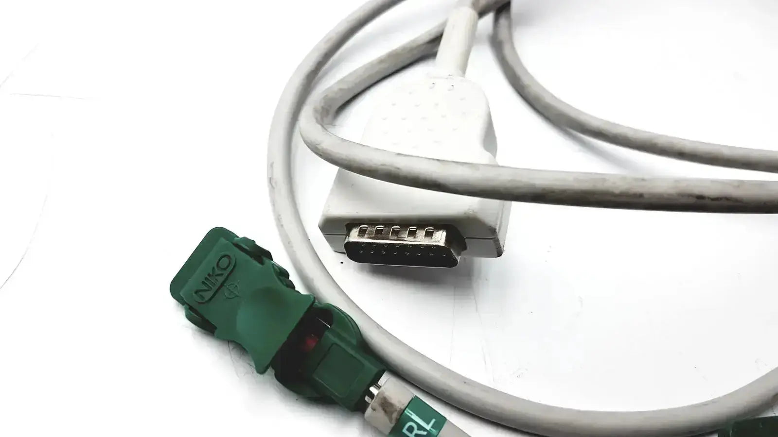 Green and gray Marquette compatible ekg trunk cable with niko branded connector and 10 wire ref A02-10B