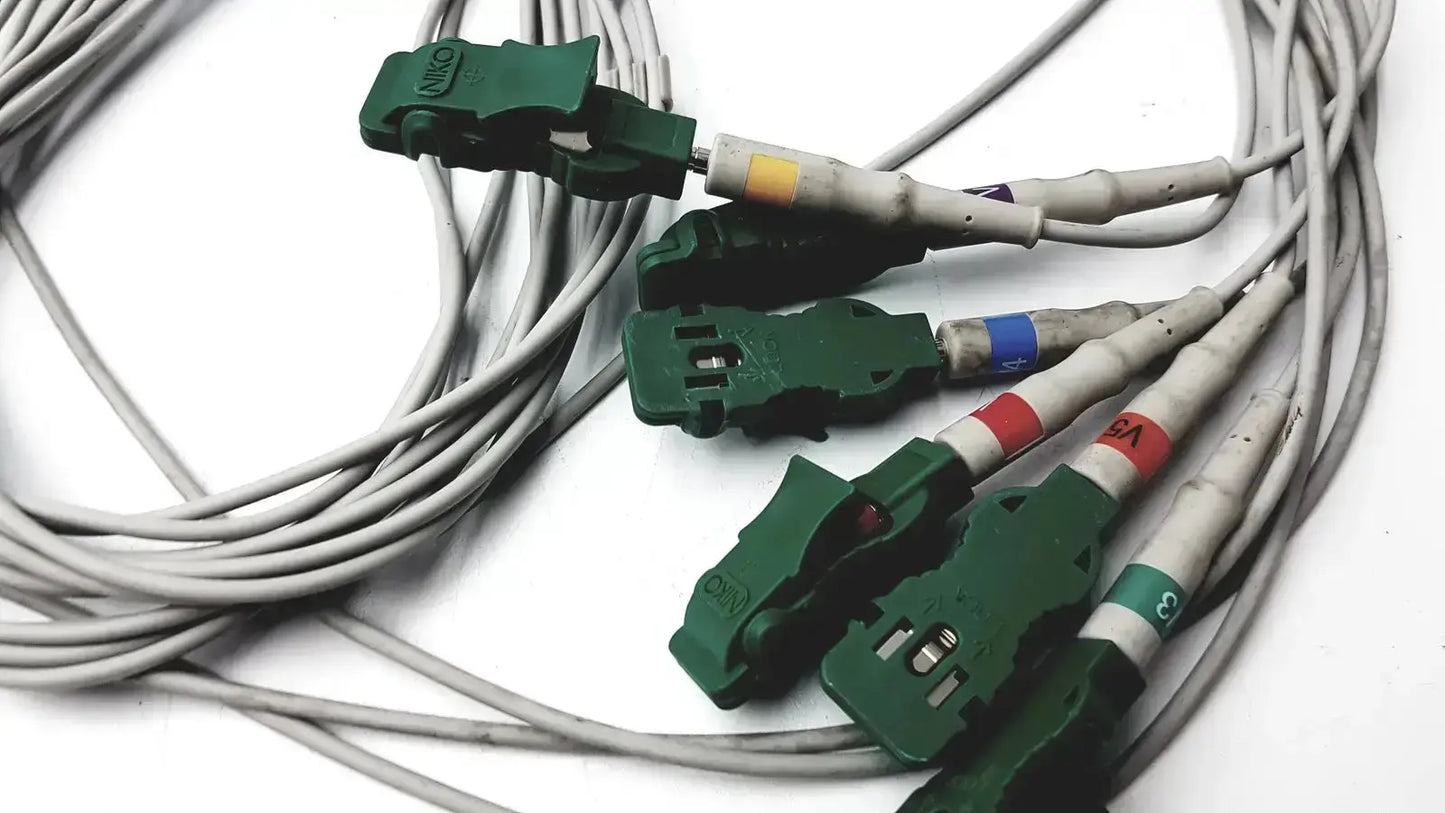 Gray medical ekg trunk cable with 10 leads, green plastic connectors, and color-coded labels for marquette compatibility