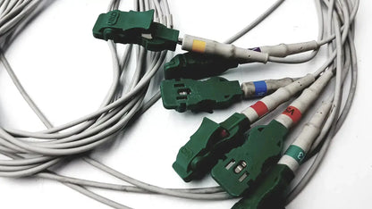 Gray medical ekg trunk cable with 10 leads, green plastic connectors, and color-coded labels for marquette compatibility