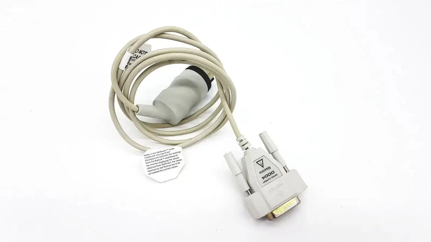 Gray medical-grade masimo d006 satshare interface cable with dvi connector and sensor head featuring white label near connector