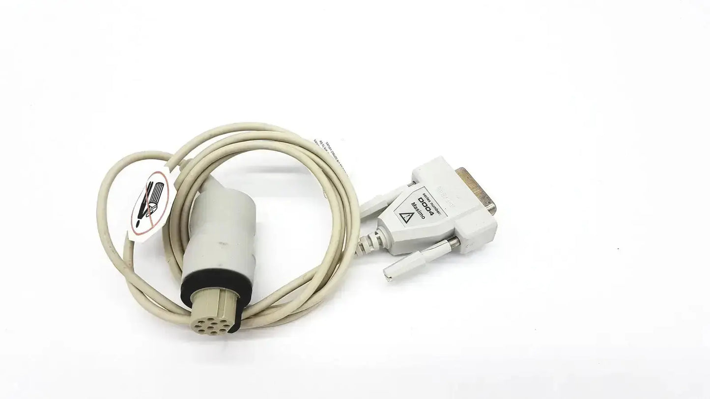 Beige masimo d006 satshare interface cable with d-sub connector and cylindrical sensor head for medical diagnostics