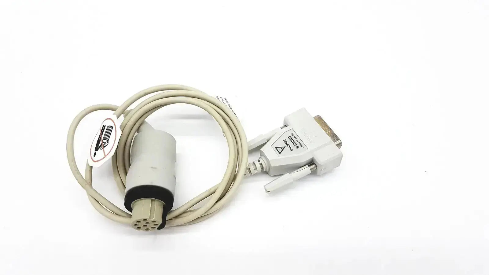 Beige masimo d006 satshare interface cable with d-sub connector and cylindrical sensor head for medical diagnostics