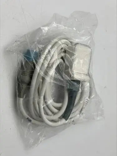 White coiled masimo oem 2281 ln mp10 to philips intellivue spo2 cable with rectangular connector and black grip in plastic packaging