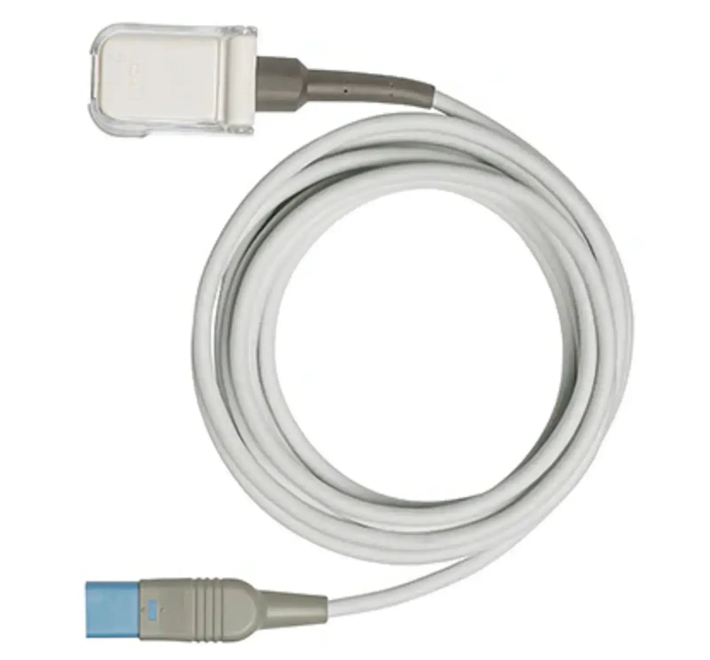 White masimo oem 2281 ln mp10 to philips intellivue spo2 cable with gray connectors and translucent plastic clip