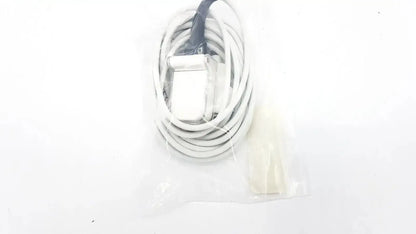 White coiled cable adapter masimo ps-10153d with silver metallic connector and black protective sleeve for secure connection
