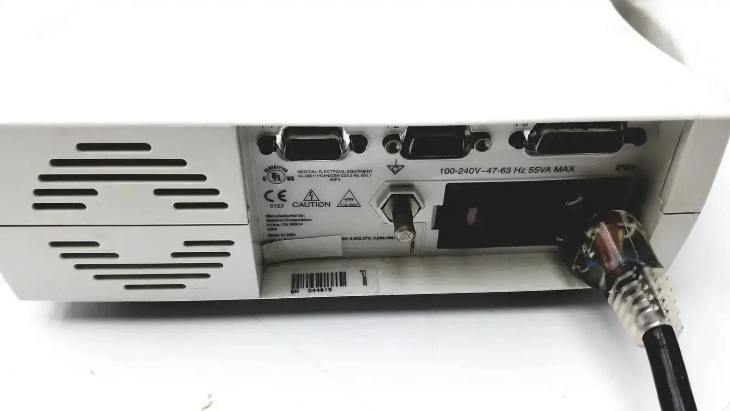 White medical device back with multiple ports and power cord plugged in for masimo set signal extraction pulse oximeter