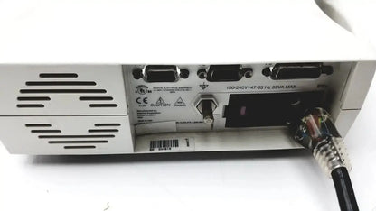 White medical device back with multiple ports and power cord plugged in for masimo set signal extraction pulse oximeter