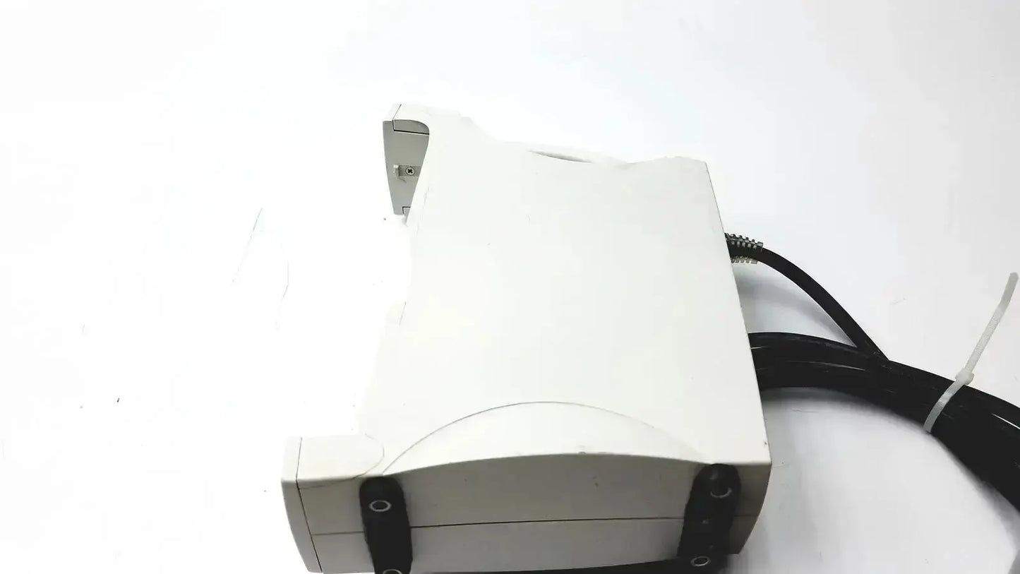 White plastic masimo set signal extraction pulse oximeter with silver metal bracket and black coiled cables