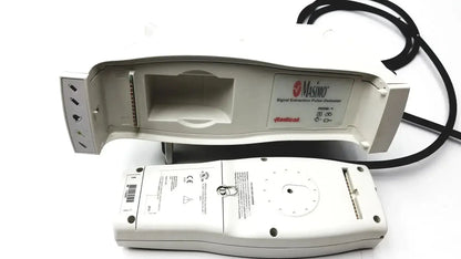 White masimo signal extraction pulse oximeter with black cables and sleek ergonomic design for accurate readings