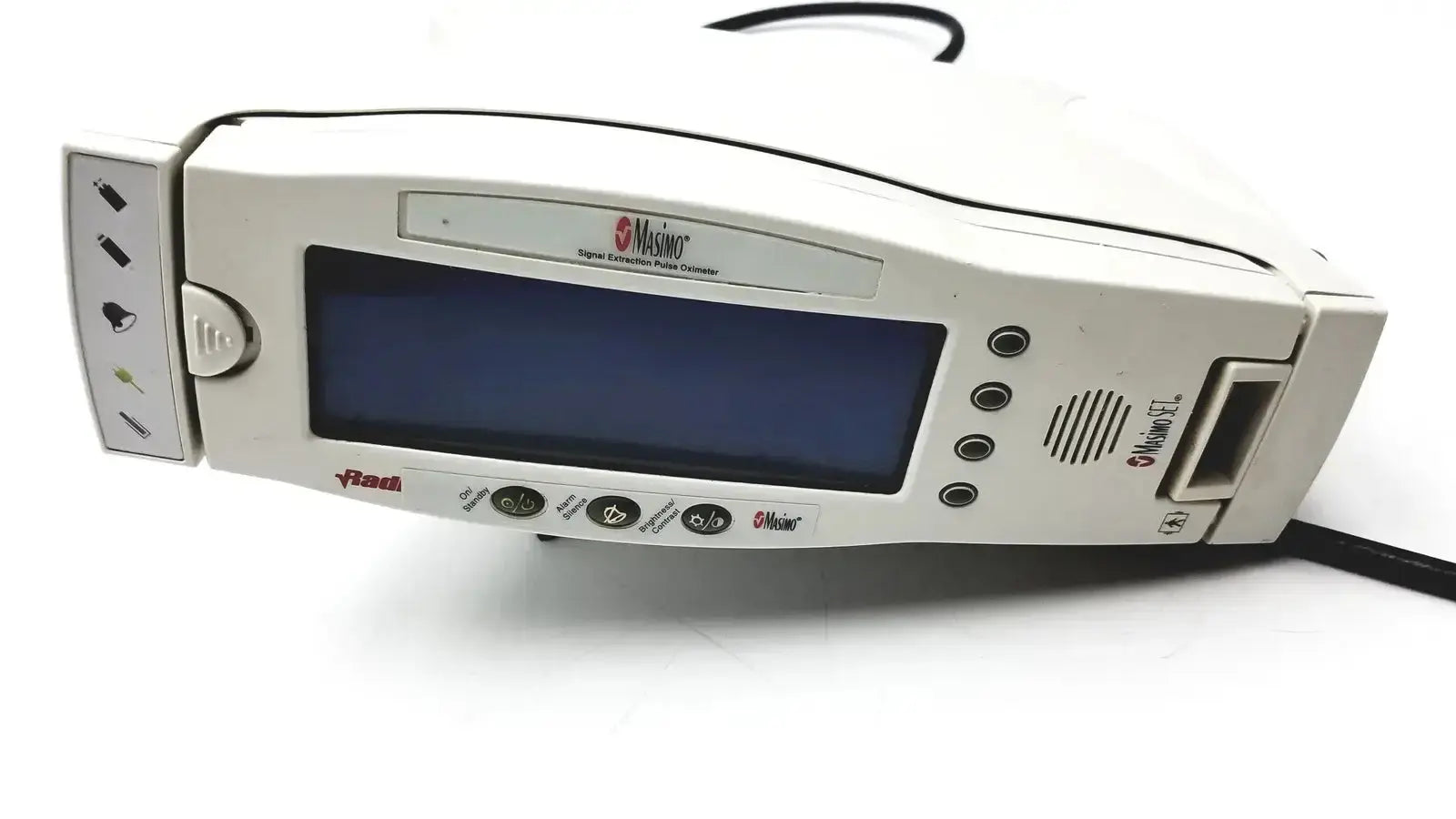 White plastic medtronic digital infusion pump with dark blue screen and buttons for masimo signal extraction pulse oximeter